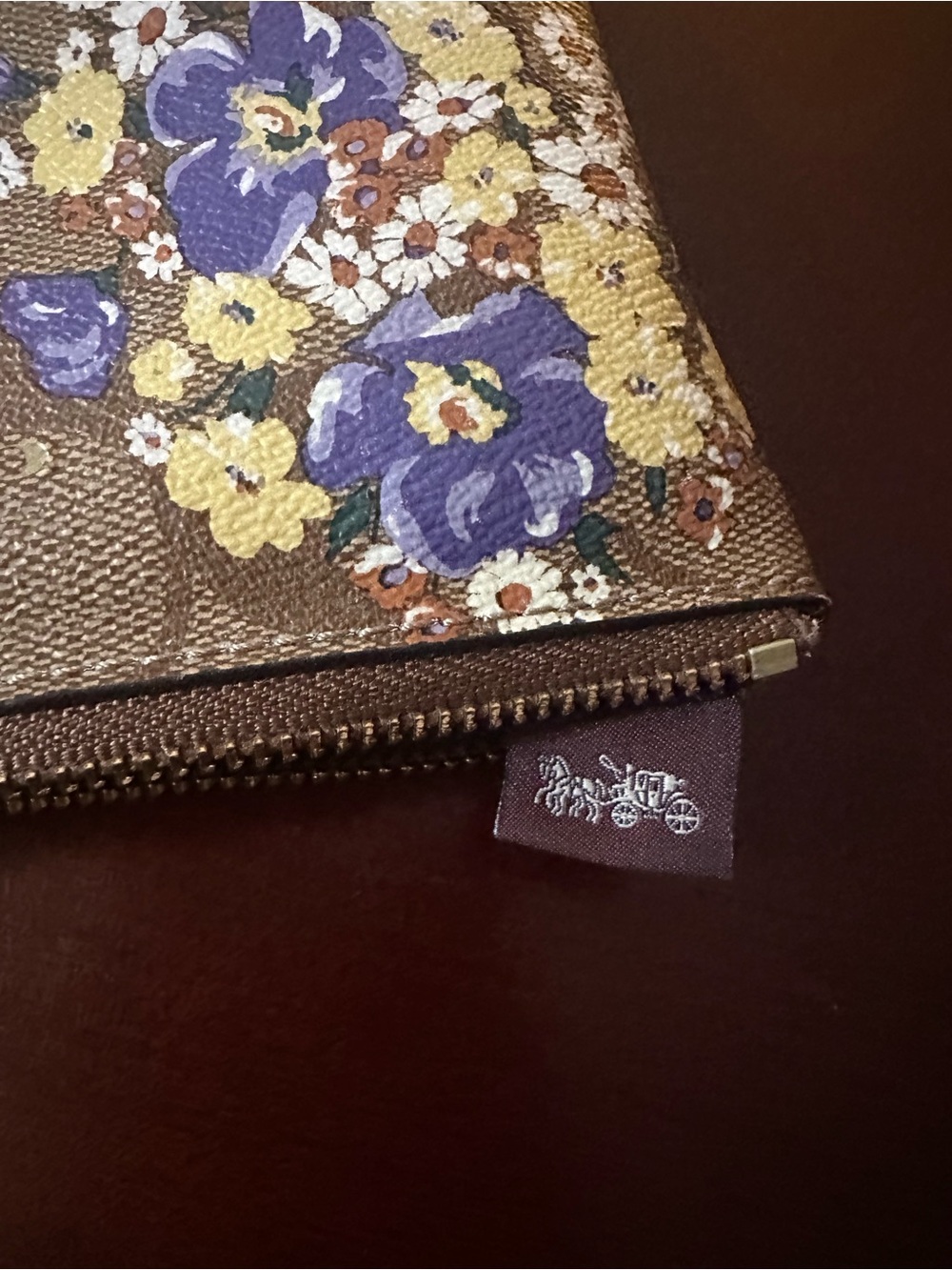 Coach Brown Floral Canvas Zip Pouch with Purple & Yellow Blooms - Picture 3 of 4